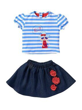SnoPea Baby Girls 18M Outfit Blue Stripe Top & Denim Skirt Set Red Flowers Beach